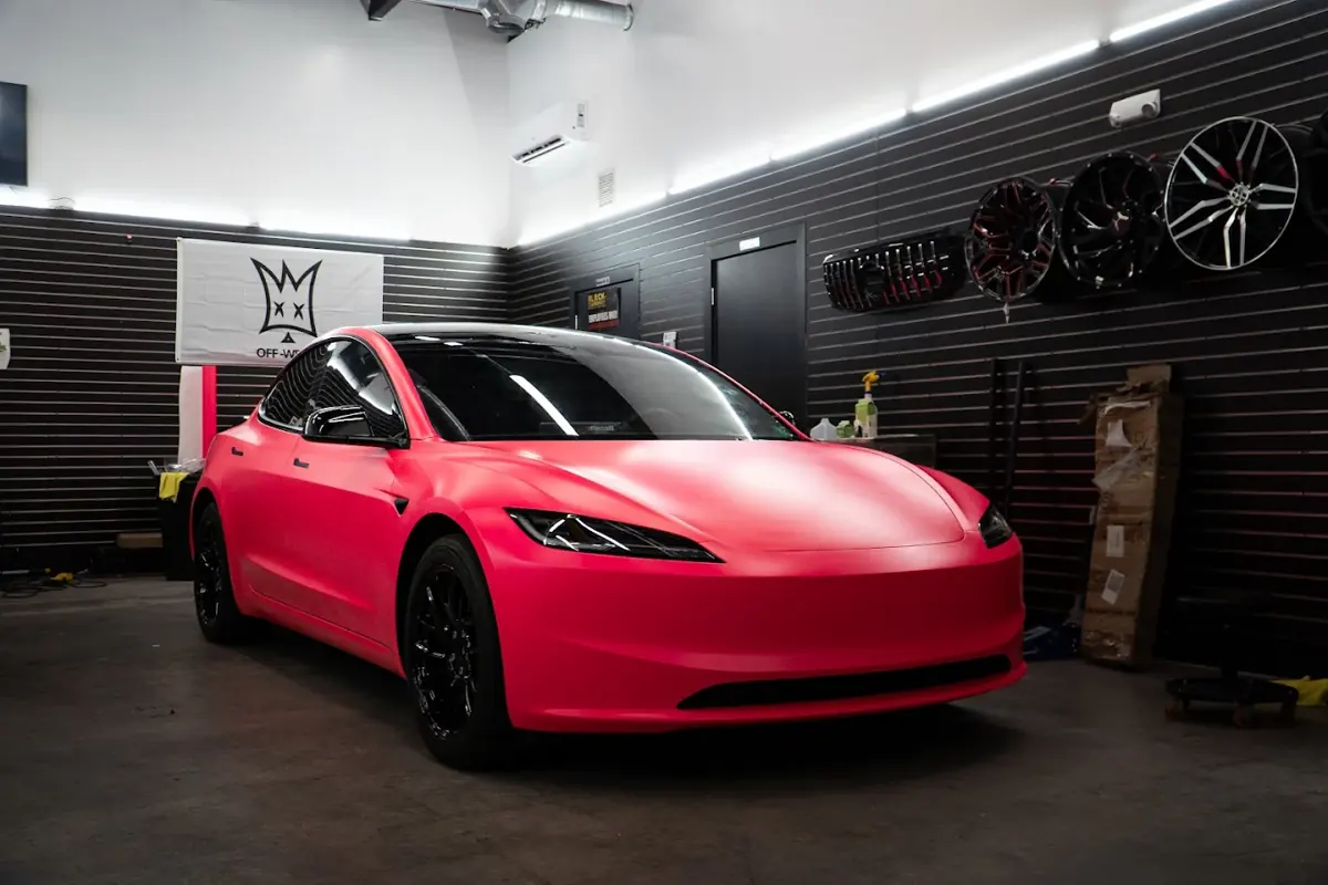 Tesla Car Wrap Coral by Black Diamonds Tinting Garage