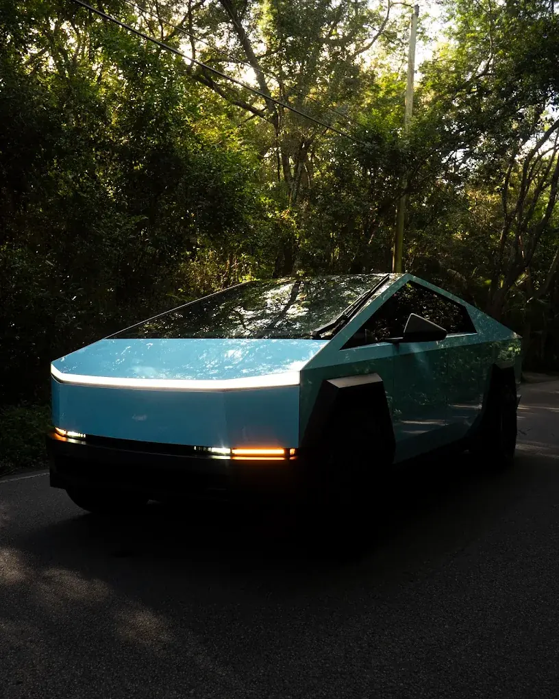 Cybertruck in a blue chrome wrap